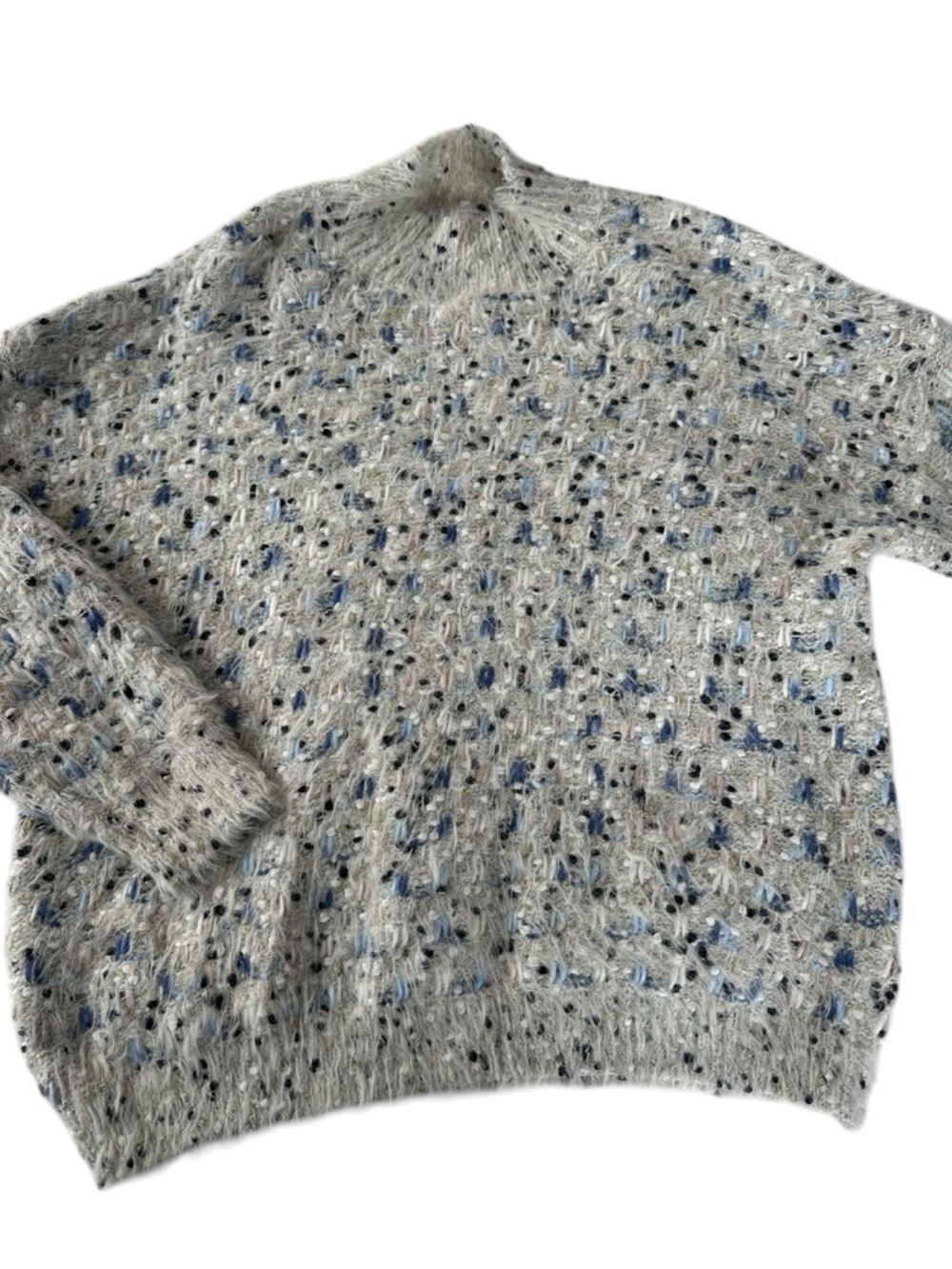 Cozy Speckled Cowl-Neck Sweater in Light Gray and Blue